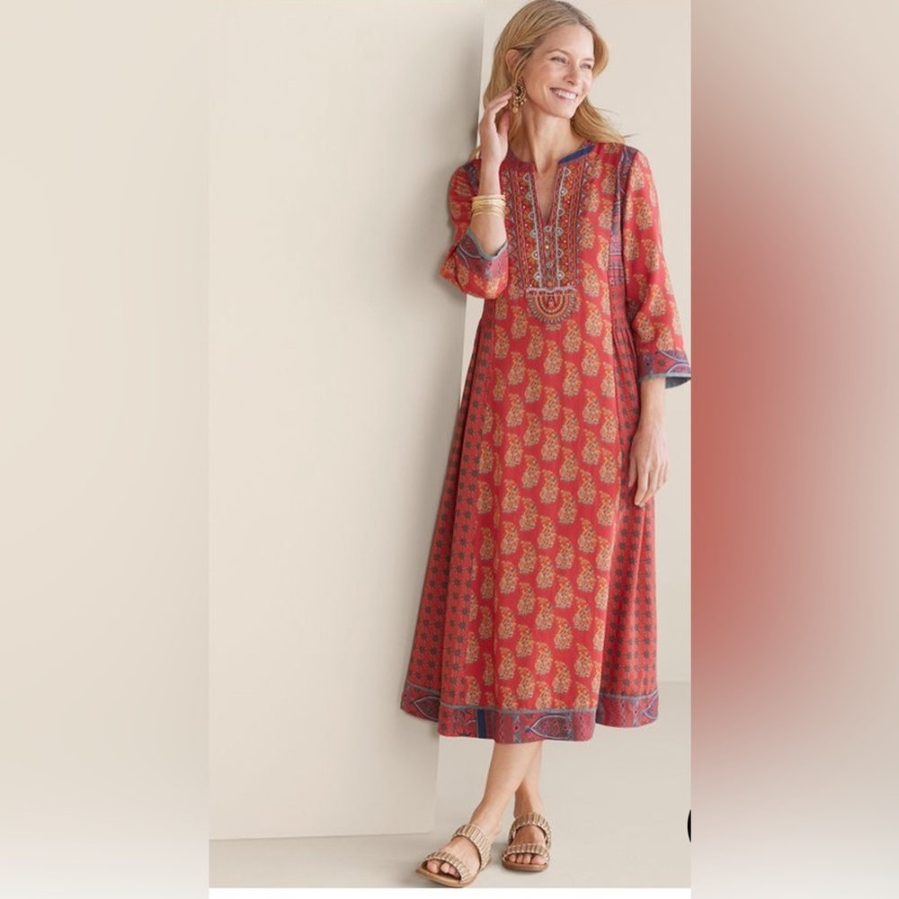 Soft Surroundings Red and Gold Patterned Long Sleeve Dress
